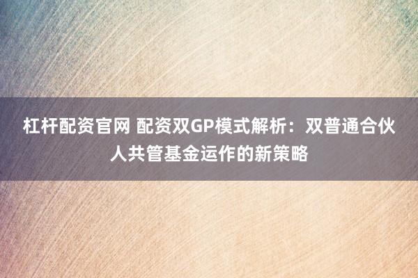 杠杆配资官网 配资双GP模式解析：双普通合伙人共管基金运作的新策略
